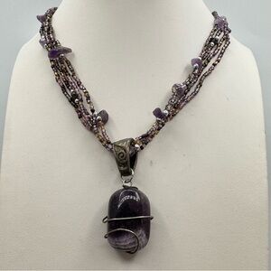 Purple Amethyst Multi Strand Beaded Necklace with Wire Wrapped Pendant